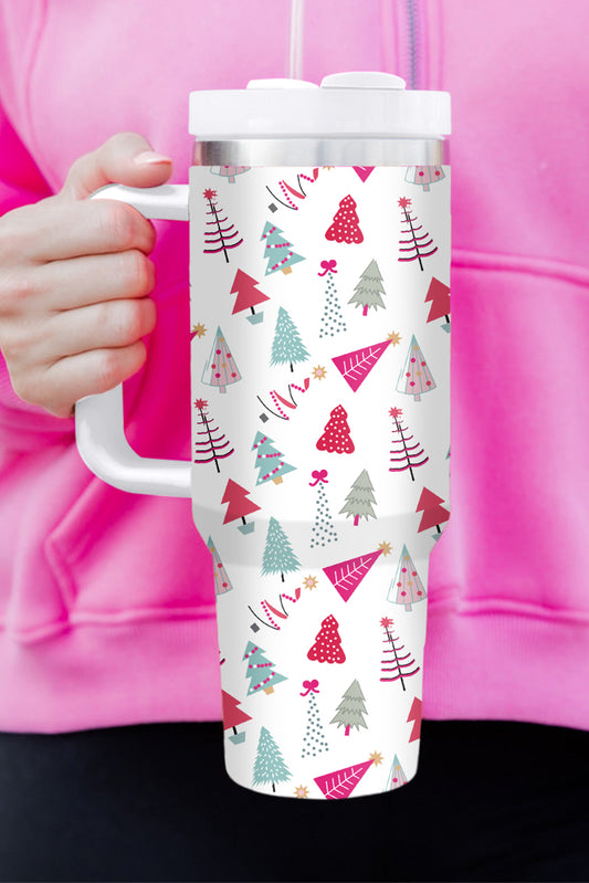 White Cartoon Christmas Tree Printed Thermos Cup 40oz