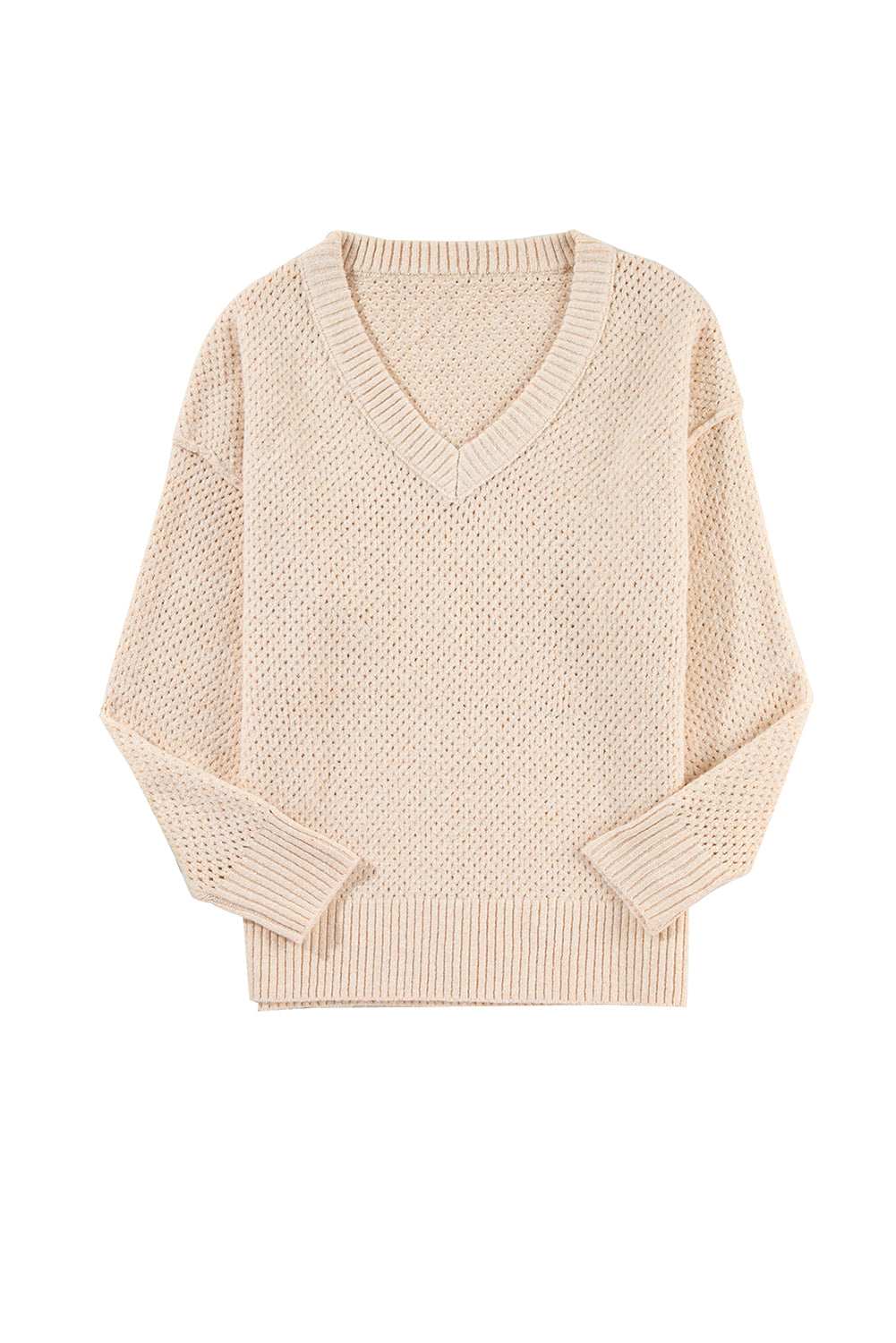 Parchment Loose Eyelet V Neck Drop Shoulder Sweater